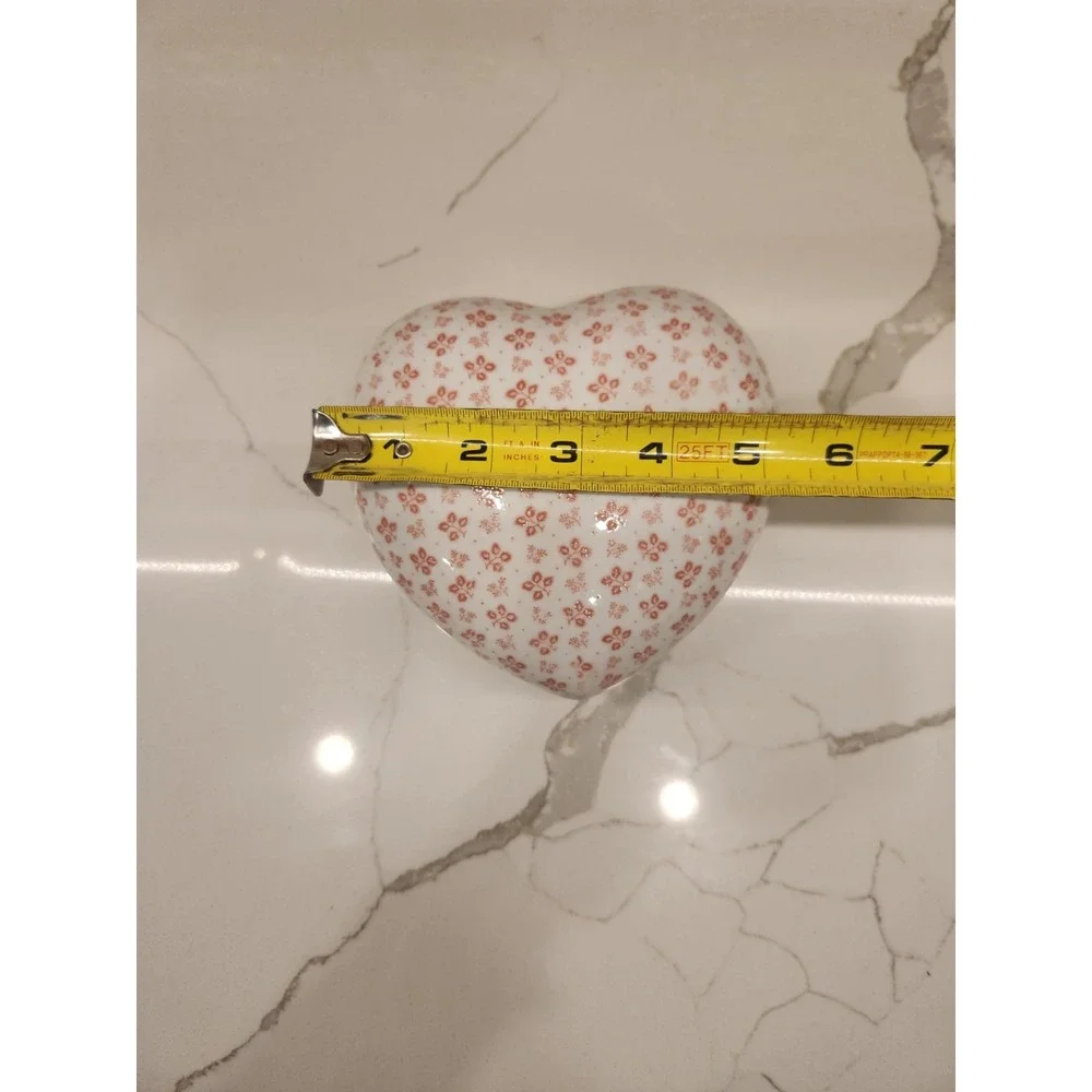 Vintage Valentines Heart Shaped Trinket Lidde Box‎ Dish Ceramic Rose Pink Flower